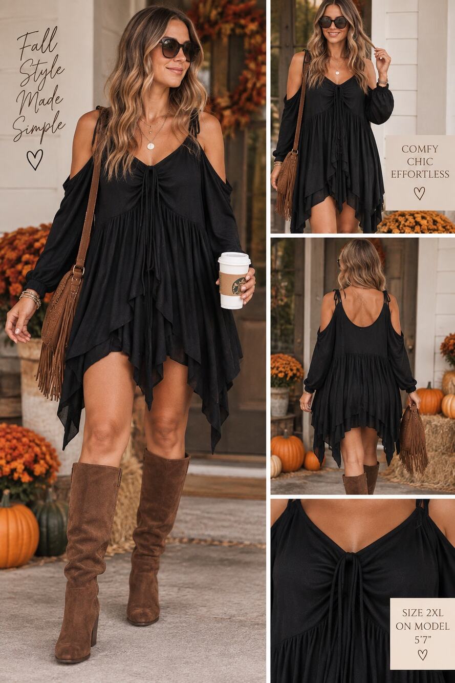 Midnight Hour Black 2X Cold Shoulder Ruched Tie Handkerchief Hem Dress
